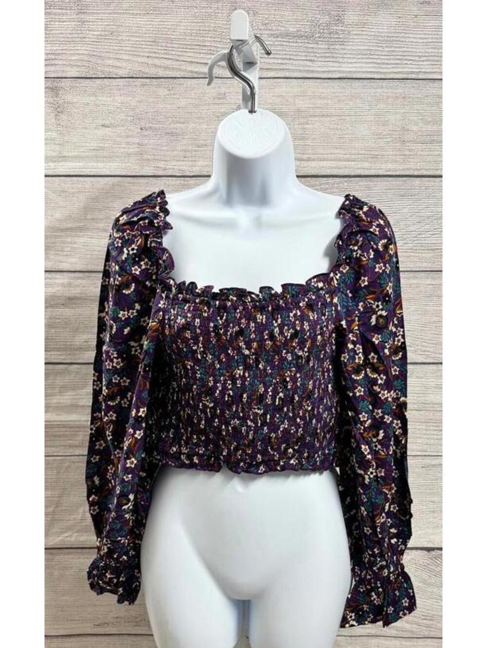 Band of the Free Agathe Purple Floral Smocked Top Women Size Small